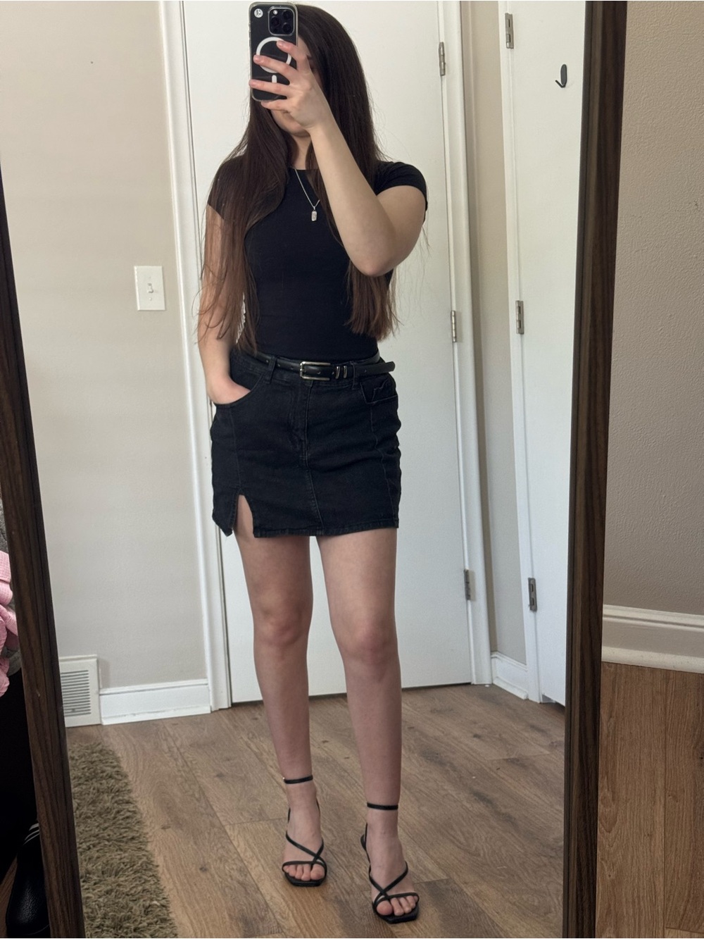 Black Denim Mini Skirt with Front Slit